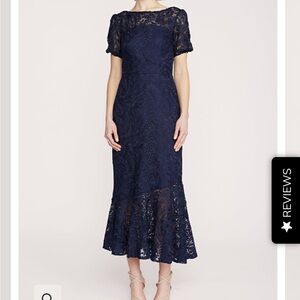 Kay Unger Blue Sheath Puff Sleeve Midi Dress